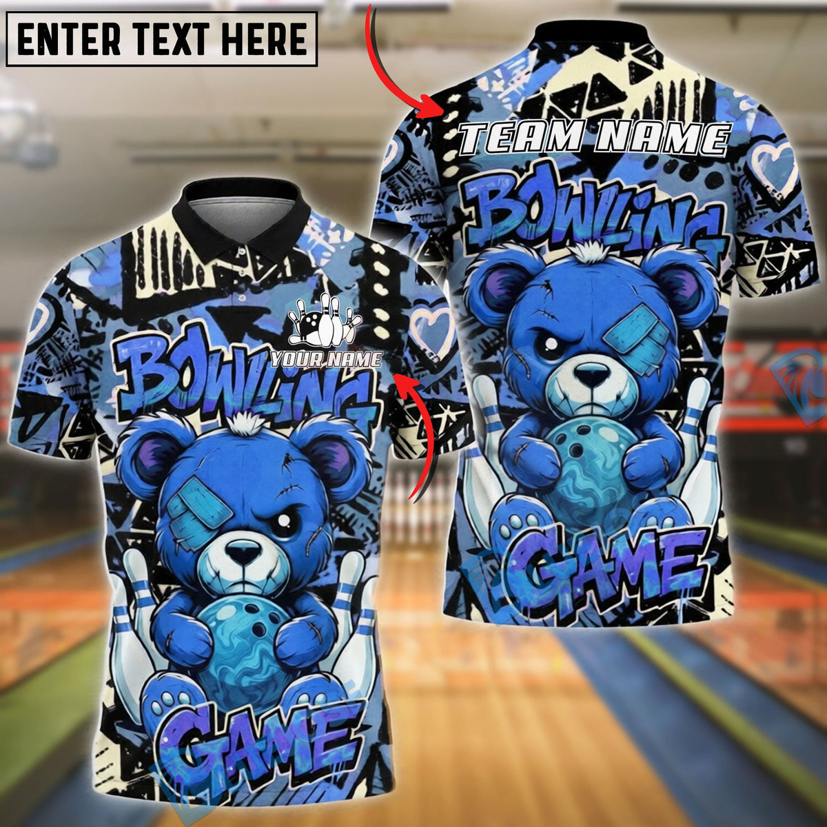 BlueJose Bowling And Pins Teddy Bear Graffiti Customized Name, Team Name 3D Shirt (4 Colors)