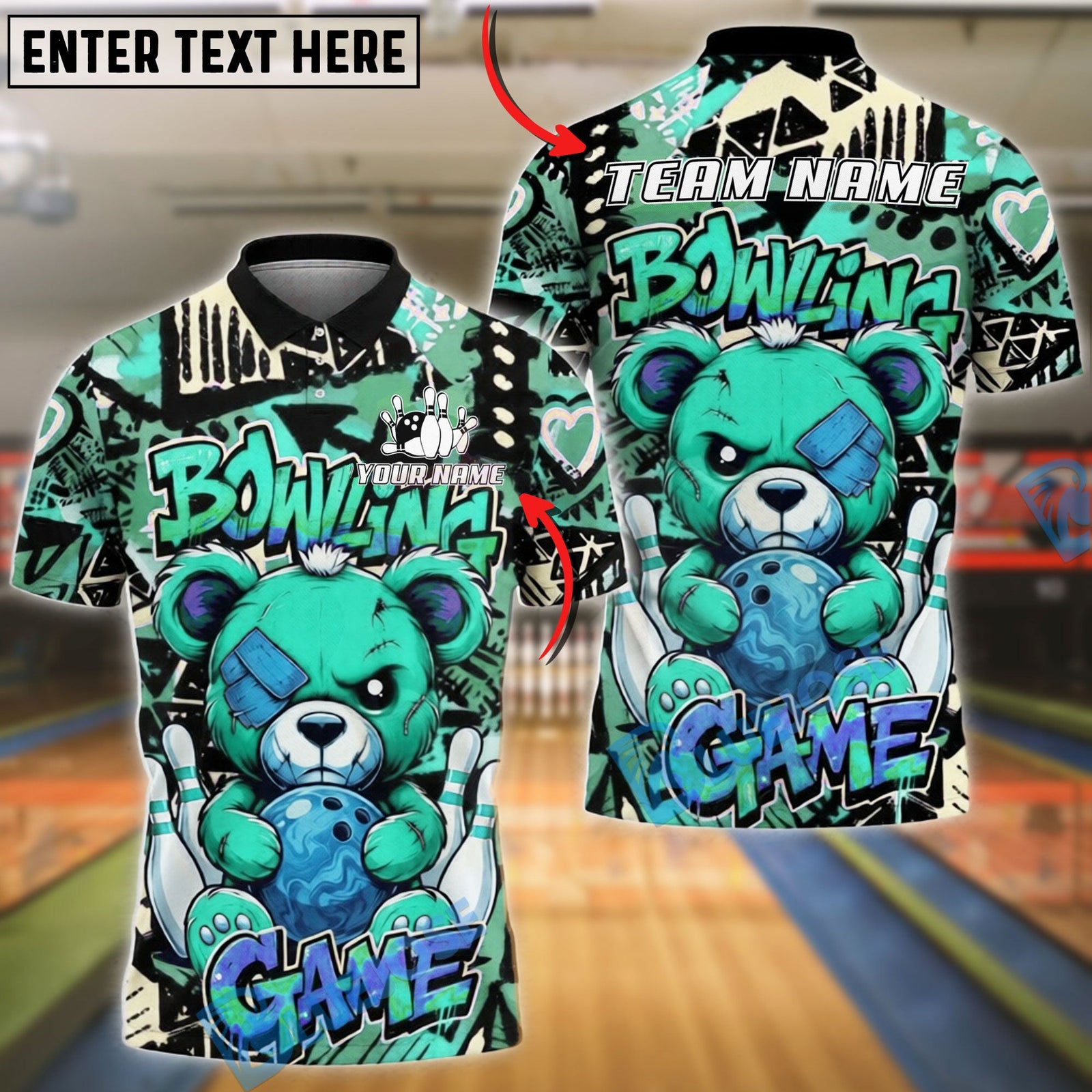 BlueJose Bowling And Pins Teddy Bear Graffiti Customized Name, Team Name 3D Shirt (4 Colors)
