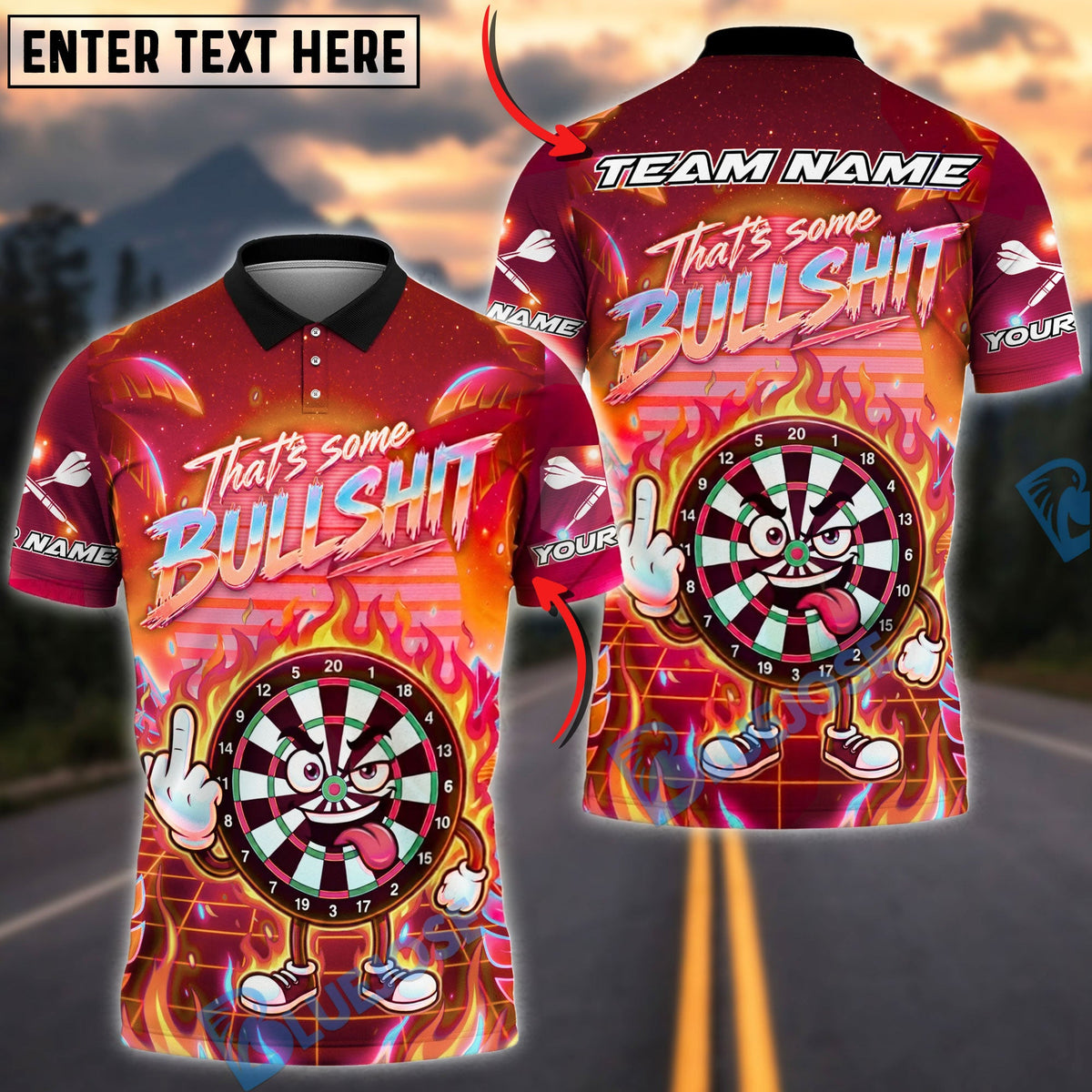 BlueJose Darts Funny Neon Sunset Graffiti Personalized Name, Team Name Unisex Shirt (4 Colors)