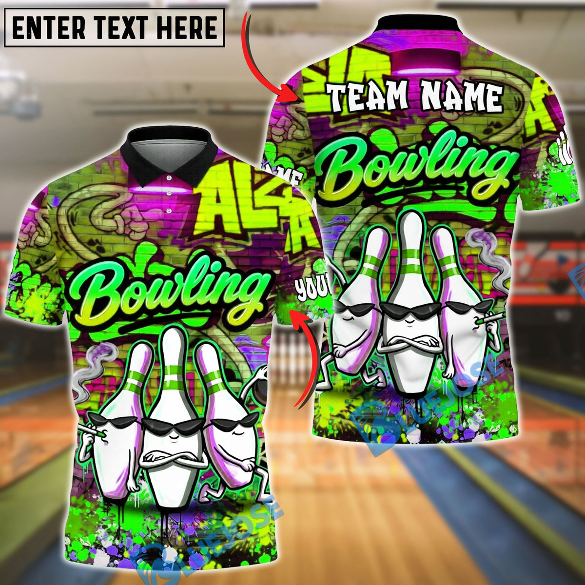 BlueJose Bowling And Pins Graffiti Street Art Gangster Pins Smoke Customized Name, Team Name 3D Shirt (4 Colors)