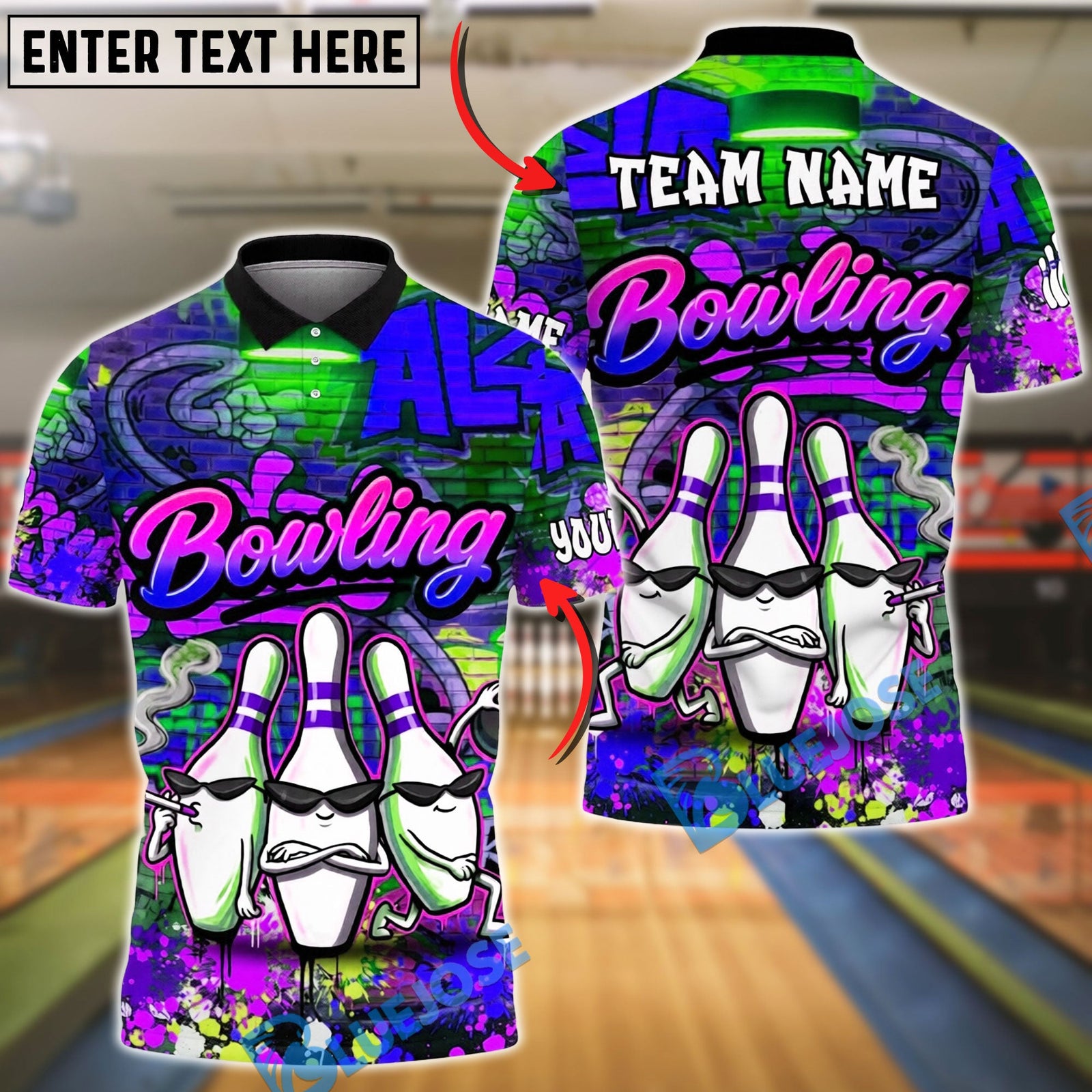 BlueJose Bowling And Pins Graffiti Street Art Gangster Pins Smoke Customized Name, Team Name 3D Shirt (4 Colors)