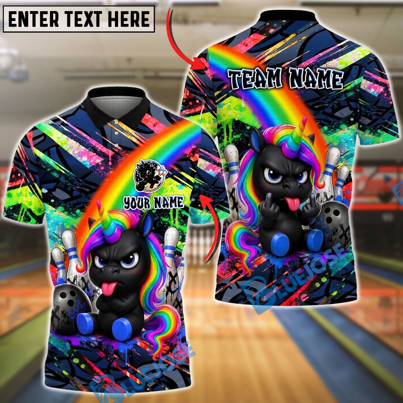 BlueJose Bowling And Pins Rainbow Black Unicorn Punk Customized Name, Team Name 3D Shirt (6 Colors)