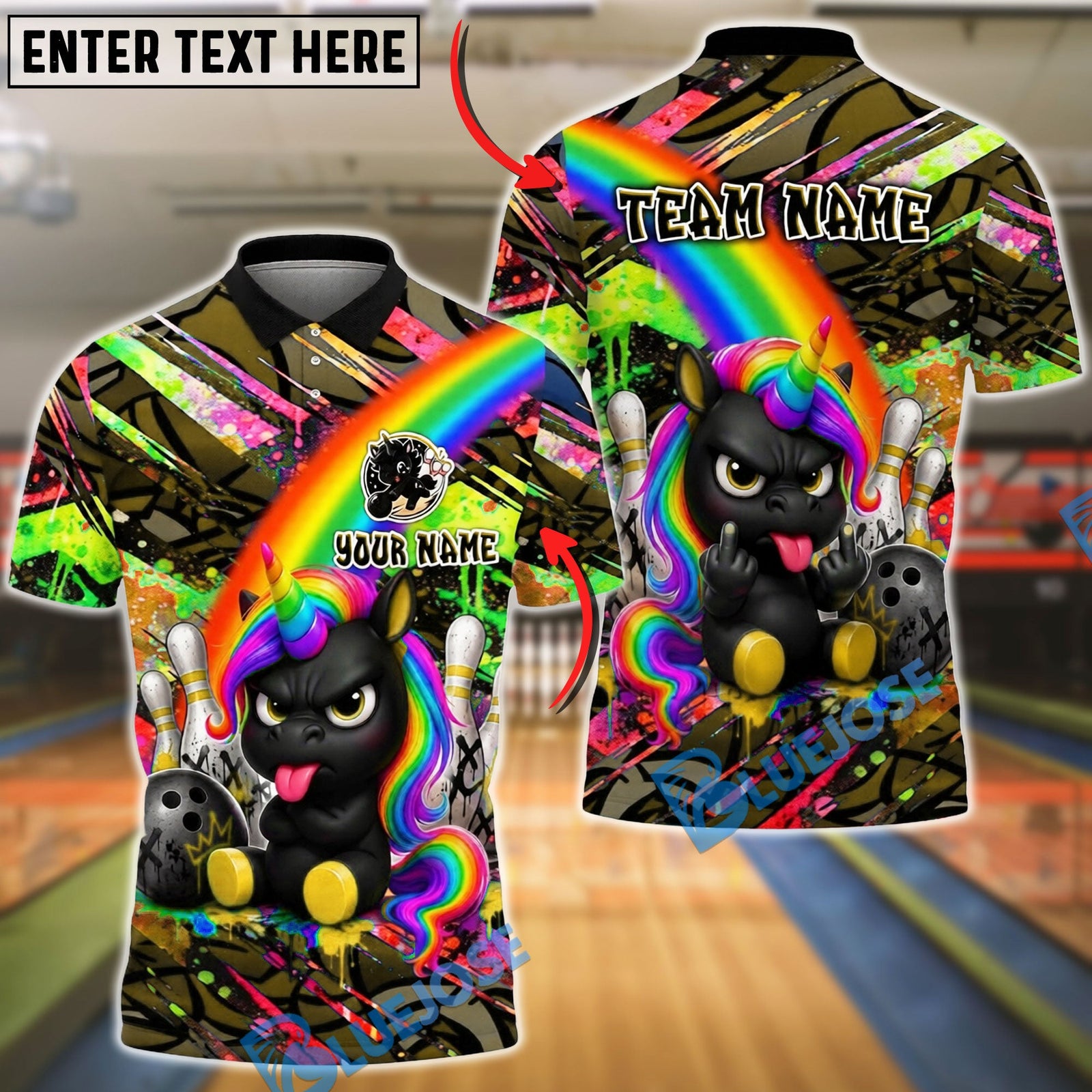 BlueJose Bowling And Pins Rainbow Black Unicorn Punk Customized Name, Team Name 3D Shirt (6 Colors)