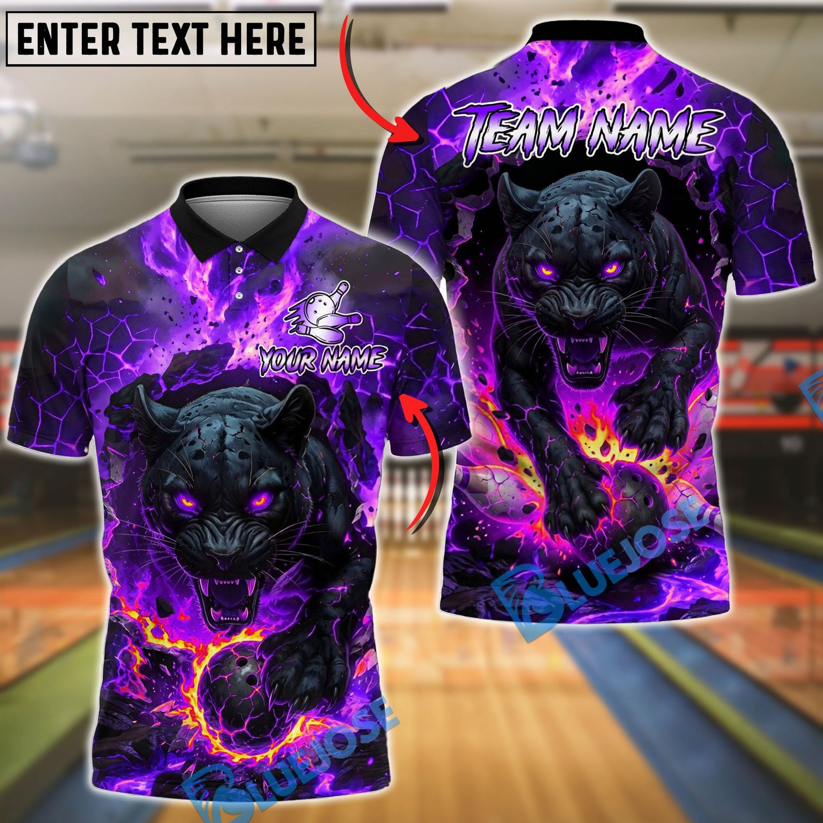 BlueJose Bowling And Pins Black Panther Lava Flame Customized Name, Team Name 3D Shirt (4 Colors)