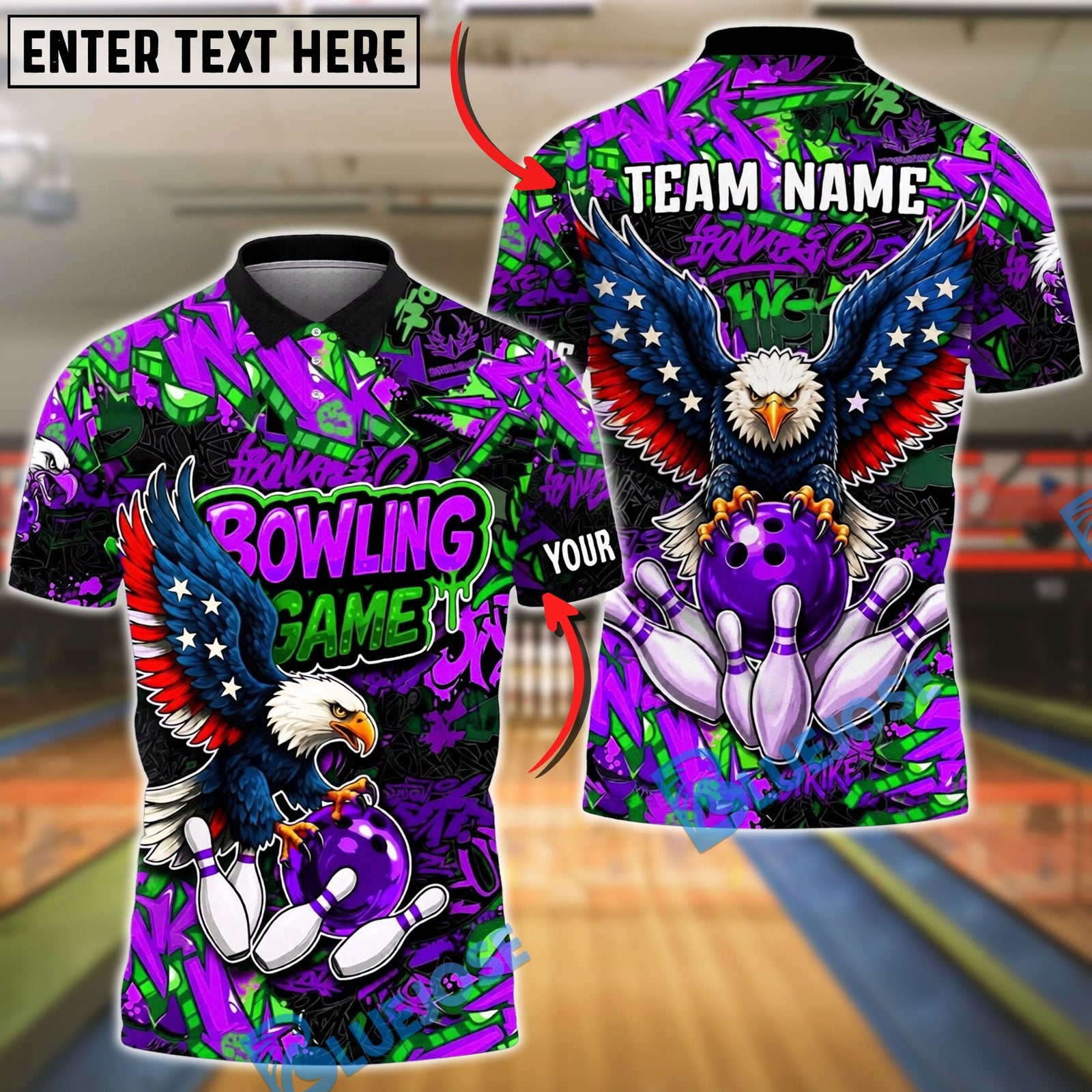 BlueJose Bowling And Pins Graffiti Eagle USA Flag Bowling Game Customized Name, Team Name 3D Shirt (4 Colors)