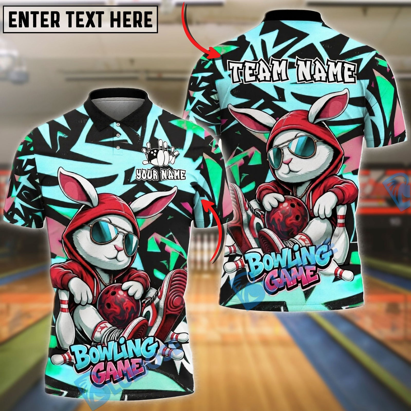 BlueJose Bowling And Pins Rabbit Graffiti Customized Name, Team Name 3D Shirt (4 Colors)