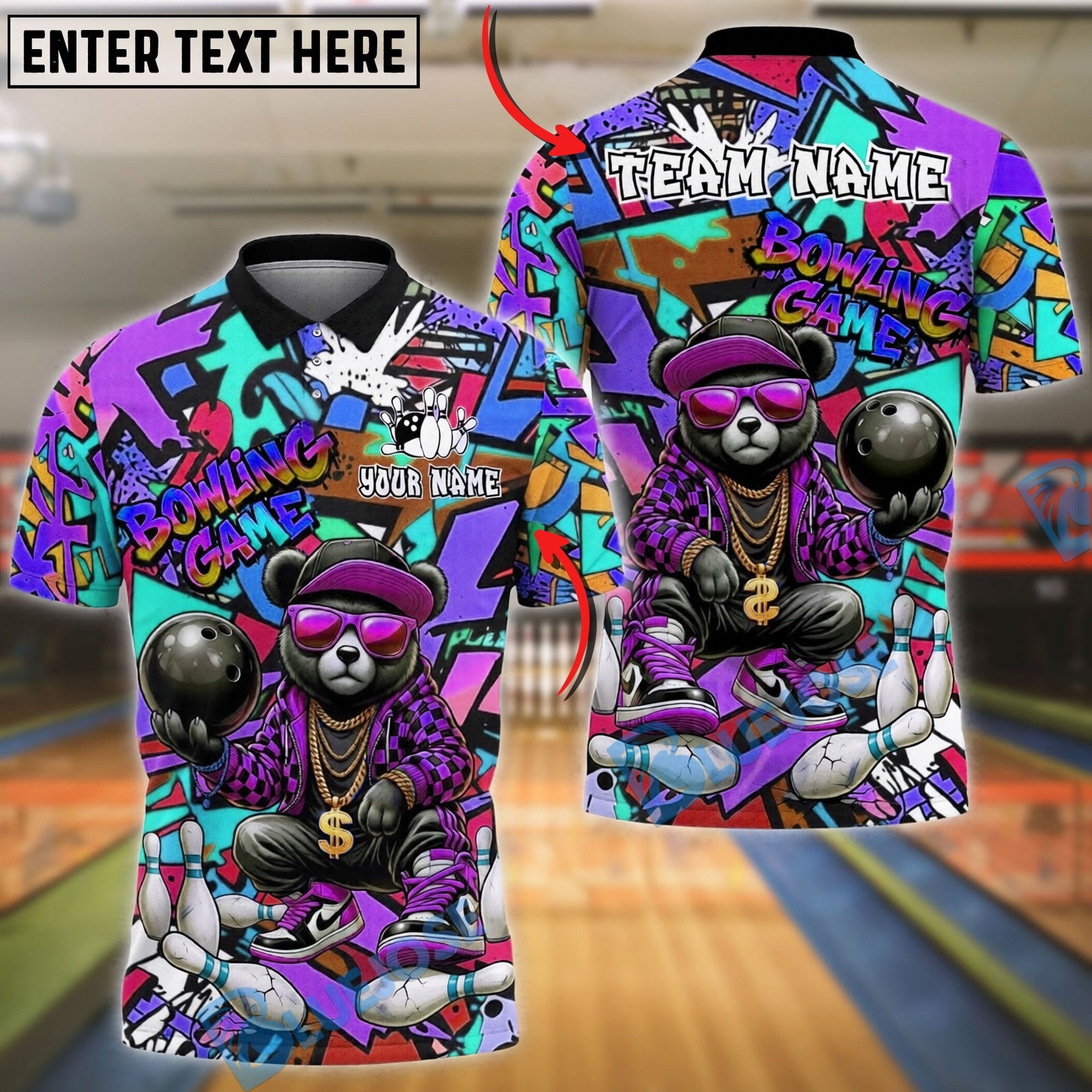BlueJose Bowling And Pins Bear Streetwear Graffiti Customized Name, Team Name 3D Shirt (4 Colors)
