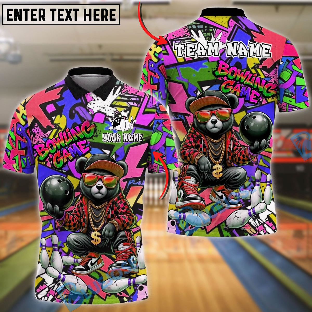 BlueJose Bowling And Pins Bear Streetwear Graffiti Customized Name, Team Name 3D Shirt (4 Colors)