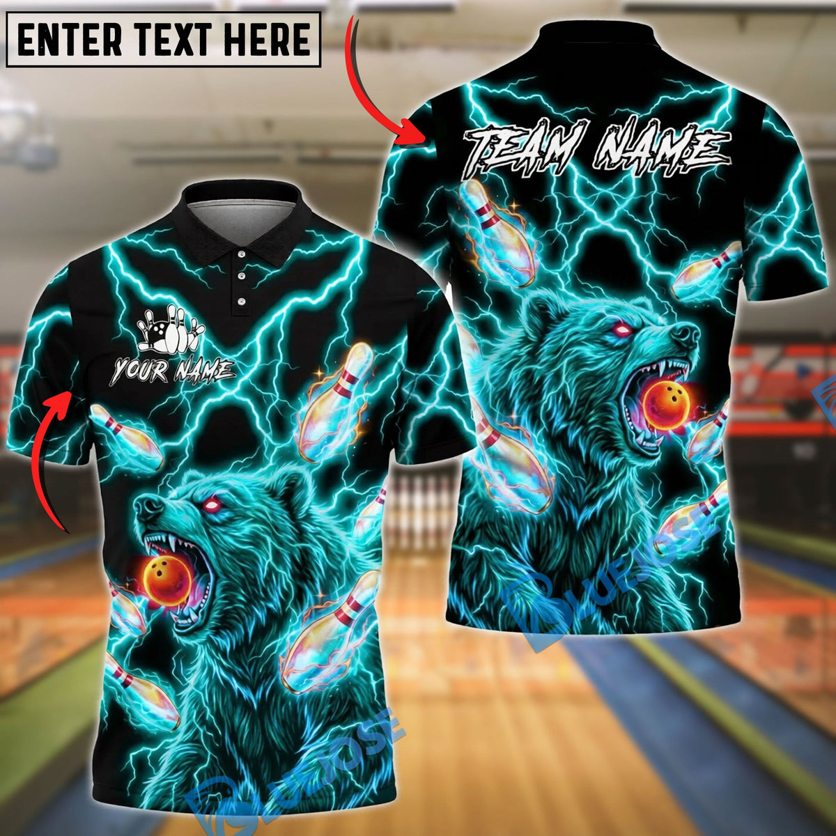 BlueJose Bowling Bear Neon Lightning Power Customized Name, Team Name 3D Shirt (4 Colors)