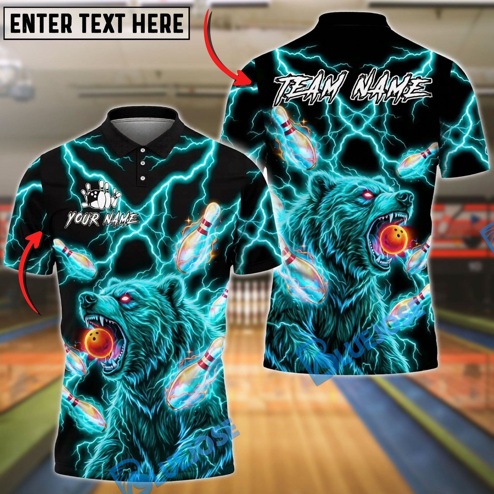 BlueJose Bowling Bear Neon Lightning Power Customized Name, Team Name 3D Shirt (4 Colors)