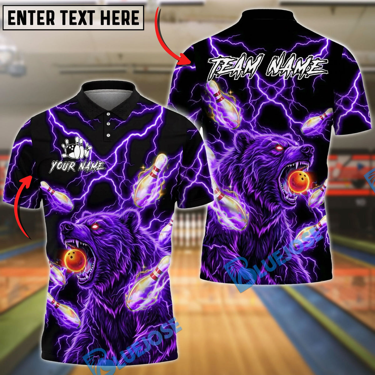 BlueJose Bowling Bear Neon Lightning Power Customized Name, Team Name 3D Shirt (4 Colors)