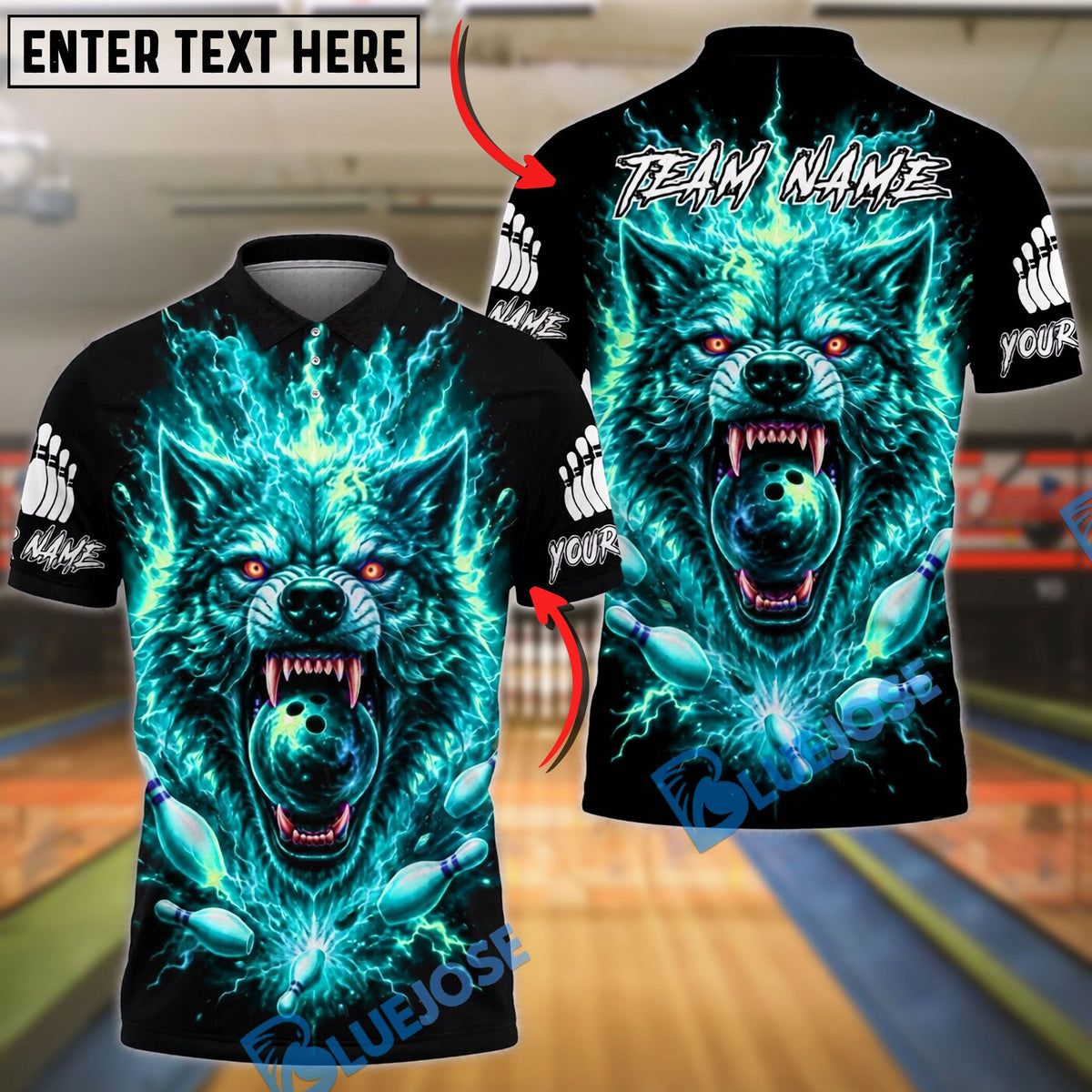 BlueJose Bowling Wolf Neon Lightning Customized Name, Team Name 3D Shirt (4 Colors)