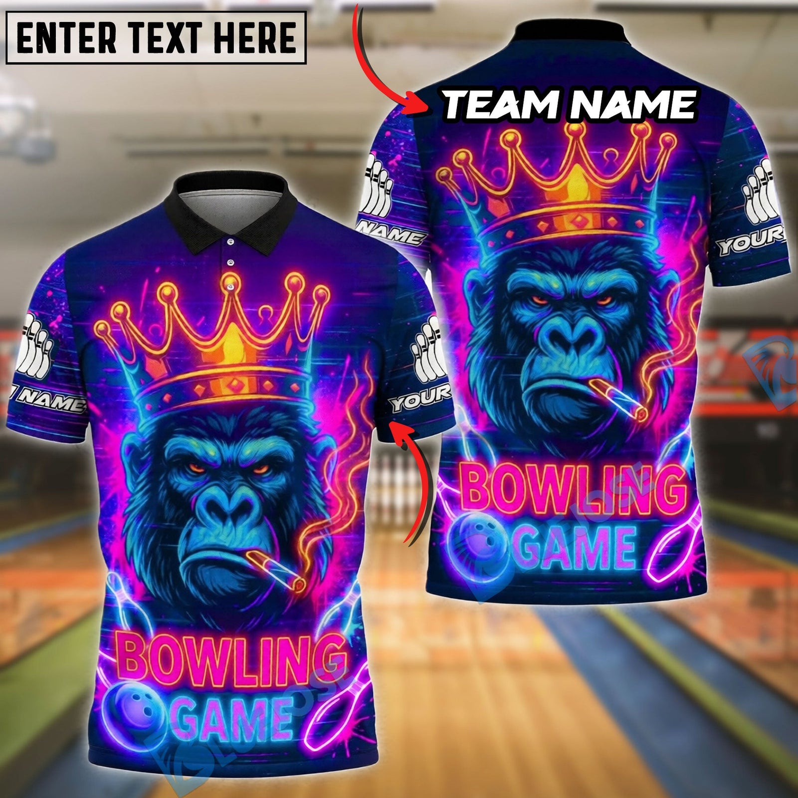BlueJose Bowling And Pins Neon King Gorilla Customized Name, Team Name 3D Shirt (4 Colors)