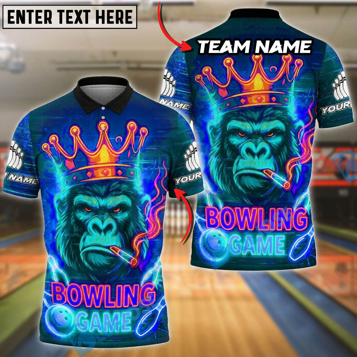 BlueJose Bowling And Pins Neon King Gorilla Customized Name, Team Name 3D Shirt (4 Colors)