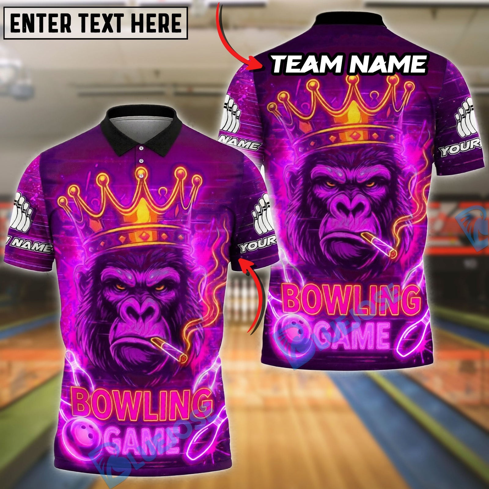 BlueJose Bowling And Pins Neon King Gorilla Customized Name, Team Name 3D Shirt (4 Colors)