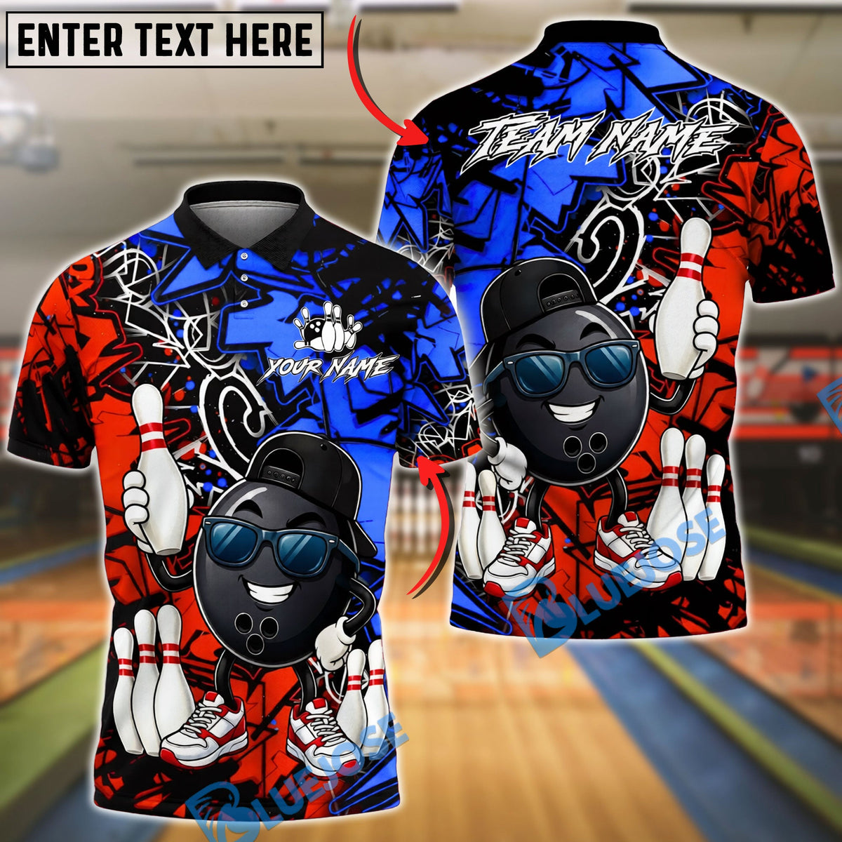 BlueJose Bowling And Pins Graffiti Funny Character Smile Customized Name, Team Name 3D Shirt (4 Colors)