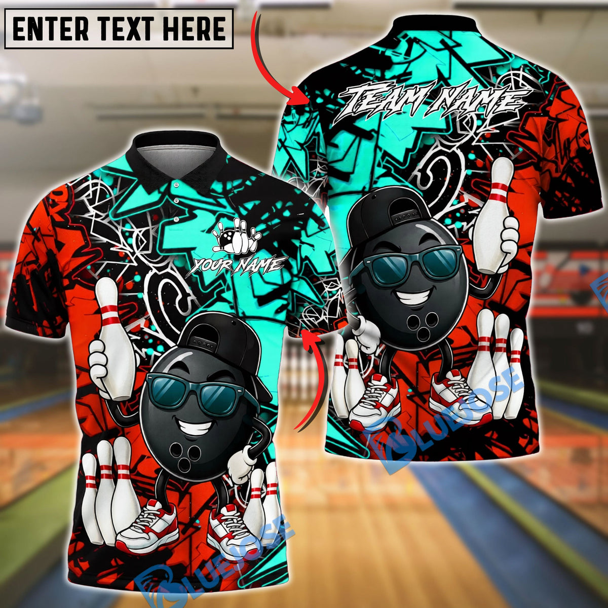 BlueJose Bowling And Pins Graffiti Funny Character Smile Customized Name, Team Name 3D Shirt (4 Colors)