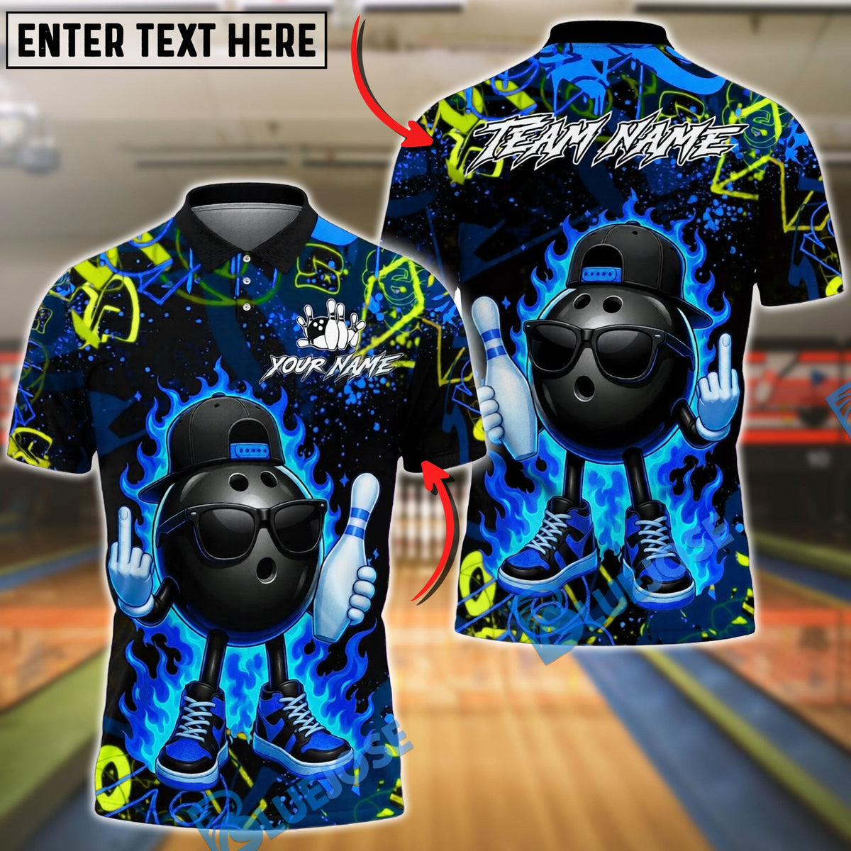 BlueJose Bowling And Pins Graffiti Cool Ball Fire Customized Name, Team Name 3D Shirt (4 Colors)
