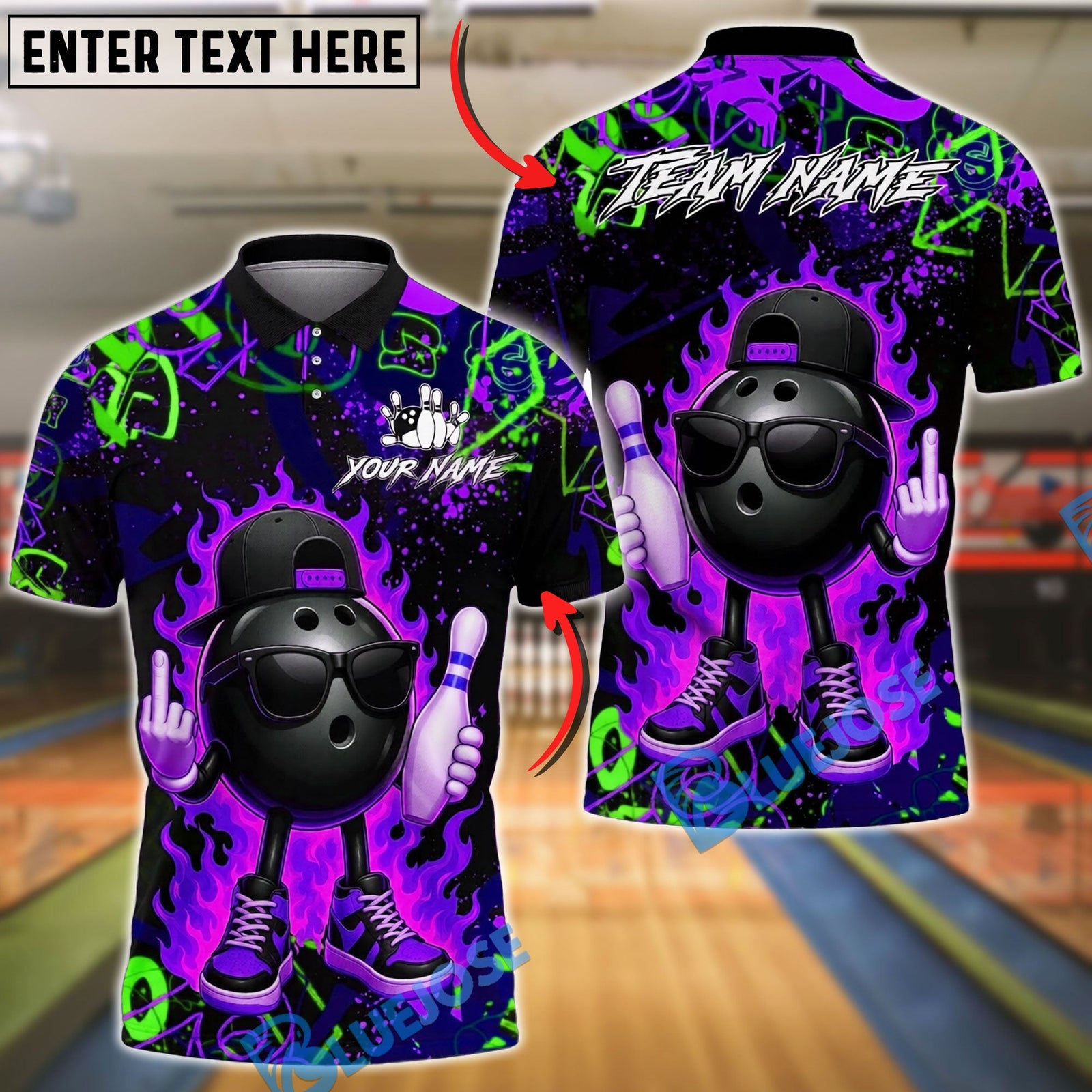 BlueJose Bowling And Pins Graffiti Cool Ball Fire Customized Name, Team Name 3D Shirt (4 Colors)