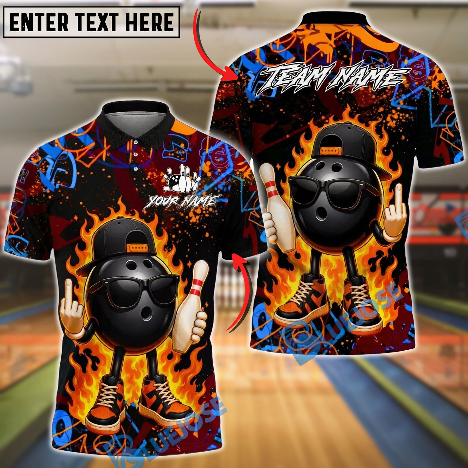 BlueJose Bowling And Pins Graffiti Cool Ball Fire Customized Name, Team Name 3D Shirt (4 Colors)