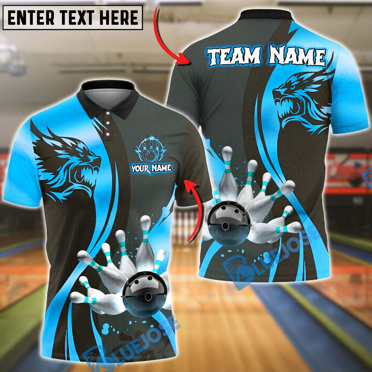 BlueJose Bowling And Pins Premium Wolf Strike Customized Name, Team Name 3D Shirt (6 Colors)
