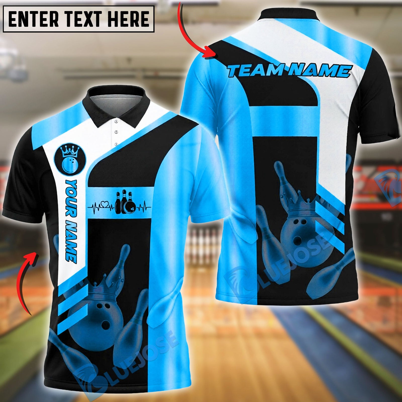 BlueJose Bowling And Pins Premium Line Customized Name, Team Name 3D Shirt (6 Colors)