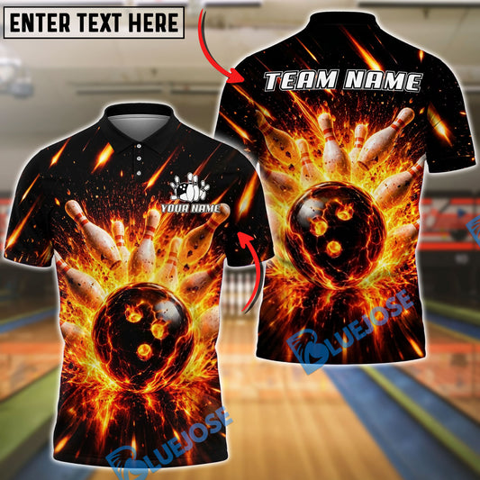 BlueJose Bowling And Pins Flaming Inferno Strike Customized Name, Team Name 3D Shirt (4 Colors)