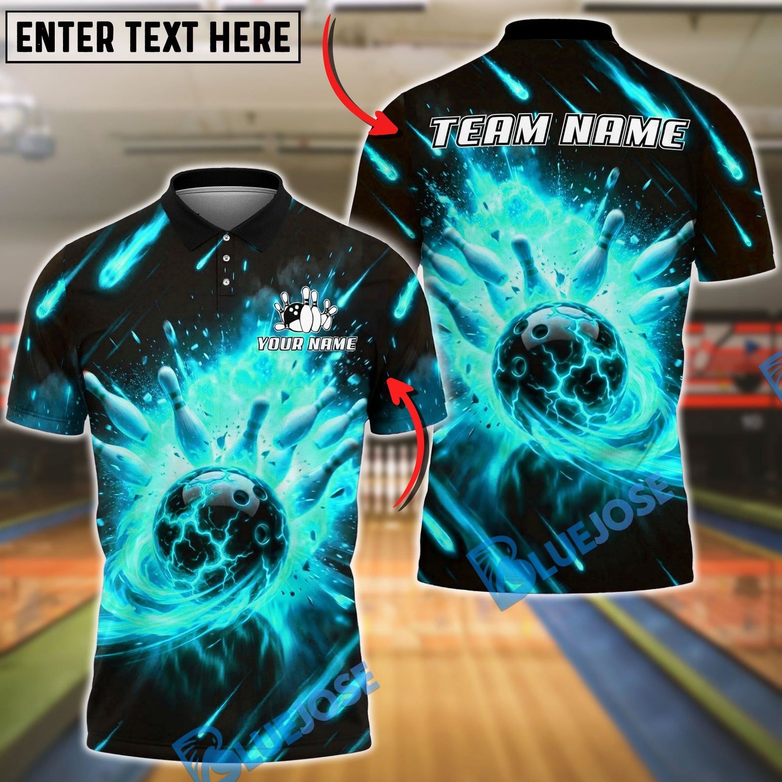 BlueJose Bowling And Pins Fireball Explosive Power Customized Name, Team Name 3D Shirt (4 Colors)