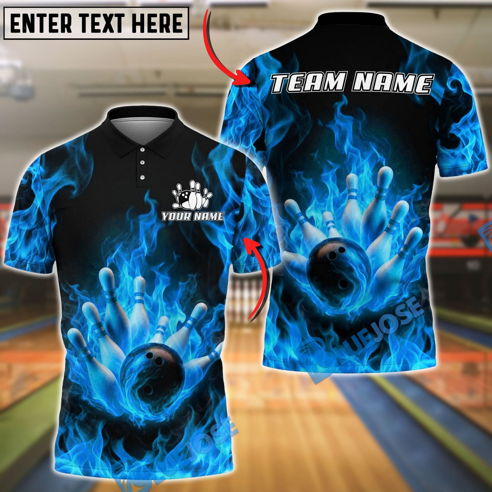 BlueJose Bowling And Pins Flaming Strike Burst Customized Name, Team Name 3D Shirt (4 Colors)