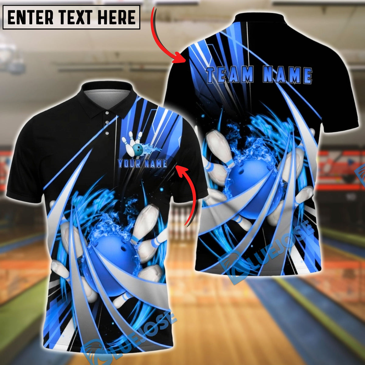 BlueJose Bowling &amp; Pins Neon Swirl Strike Customized Name, Team Name 3D Shirt (4 Colors)