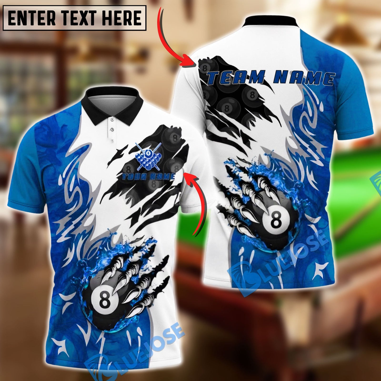BlueJose Billiards Fire 8 Ball Claw Smash Personalized Name Shirt (4 Colors)