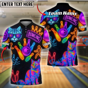 BlueJose Bowling And Pins Neon Cat Pattern Customized Name, Team Name 3D Shirt (4 Colors)
