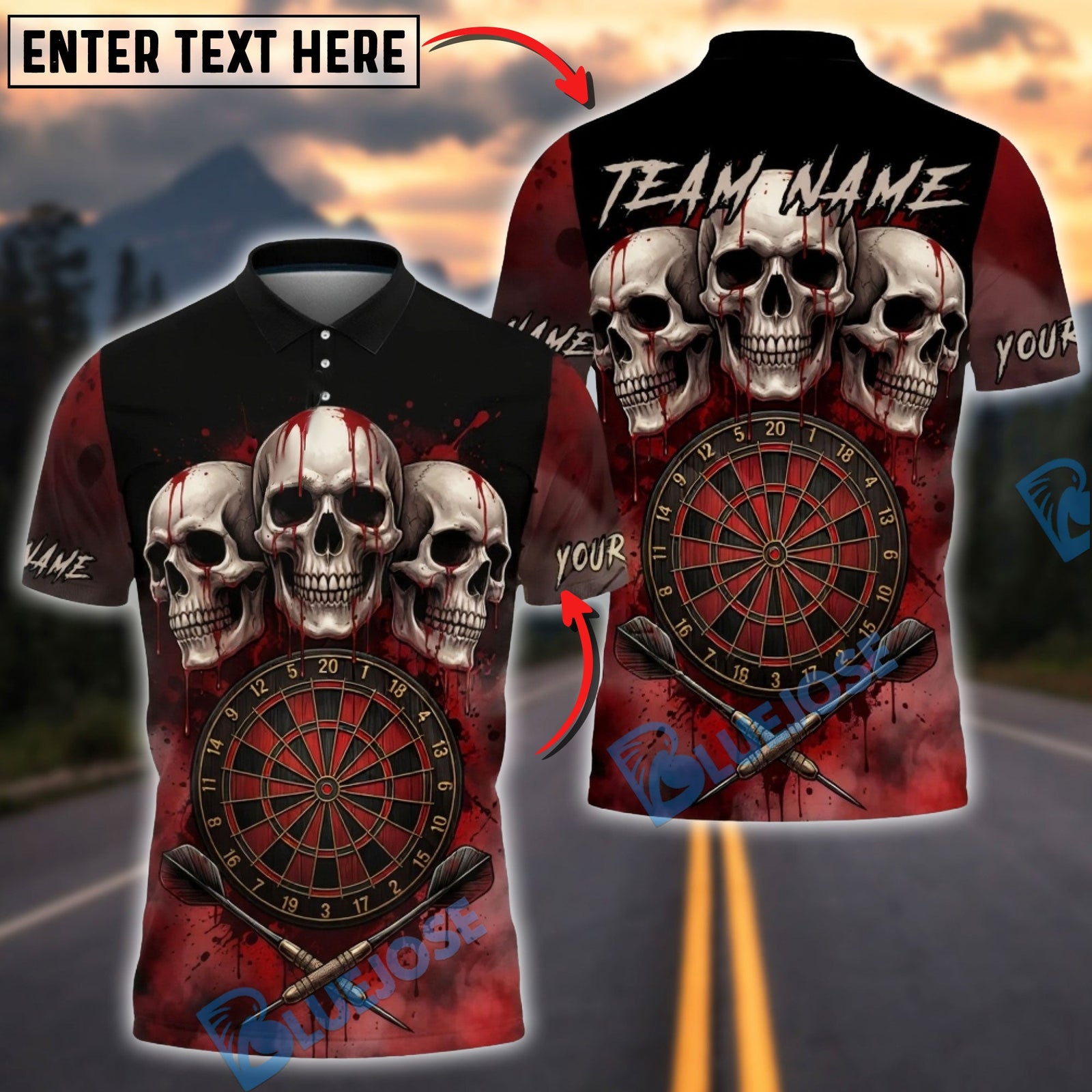 BlueJose Darts Triple Skull Dark Blood Multicolor Options Personalized Name Shirt (4 Colors)