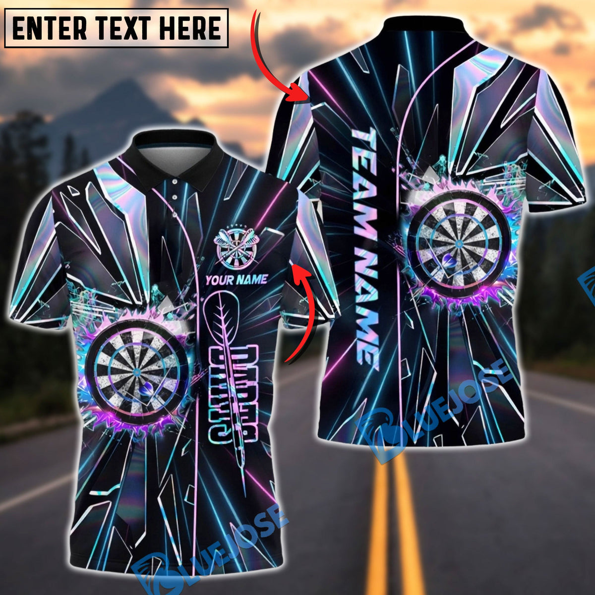 BlueJose Darts Cyber Neon Impact Dartboard Multicolor Options Personalized Name Shirt (4 Colors)