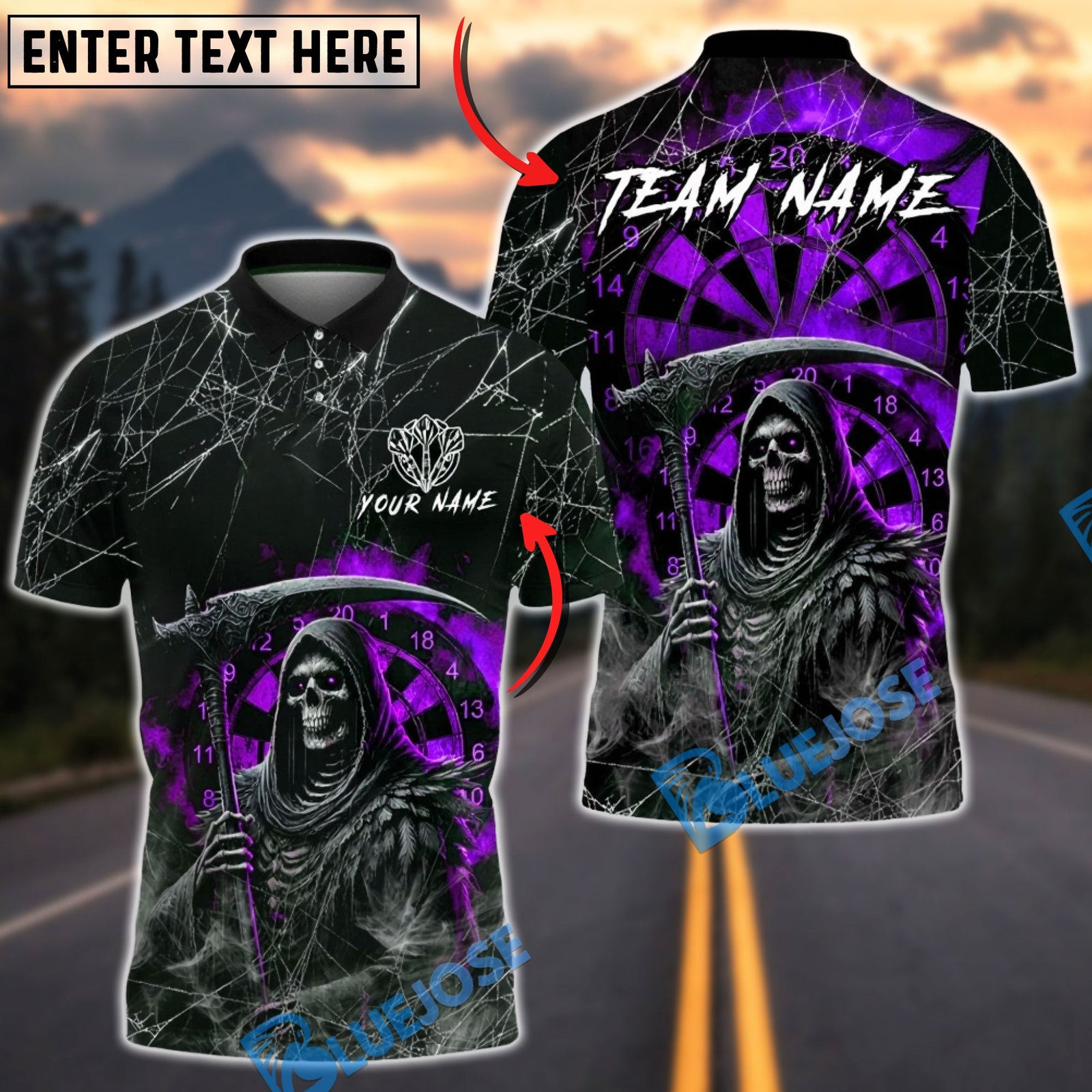 BlueJose Darts Grim Reaper Death Web Dartboard Multicolor Options Personalized Name Shirt (4 Colors)