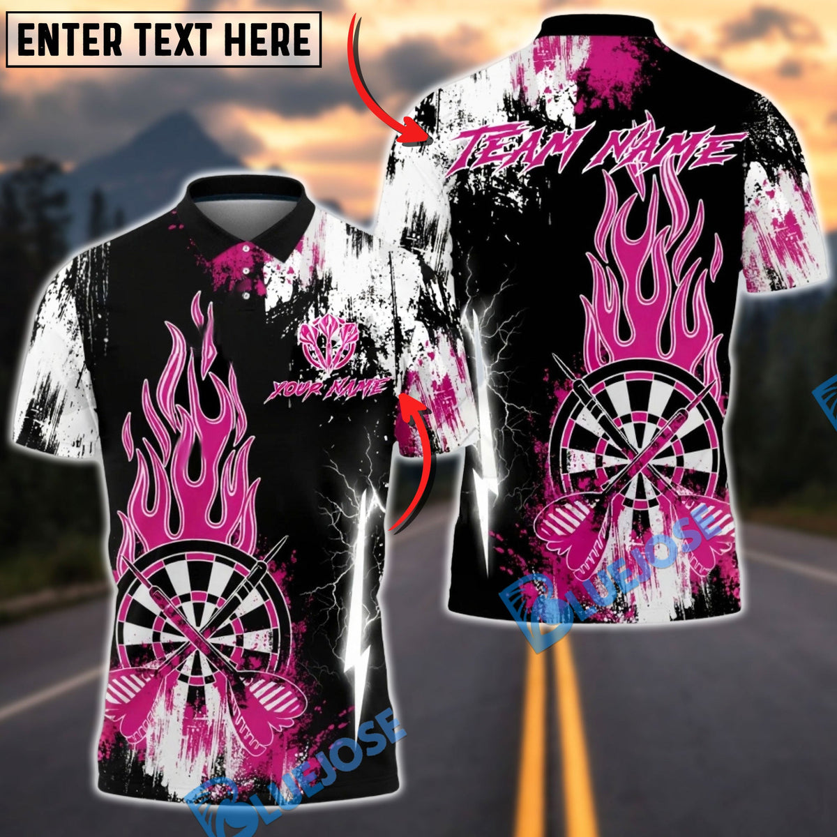 BlueJose Darts Abstract Flame Multicolor Options Personalized Name Shirt (4 Colors)