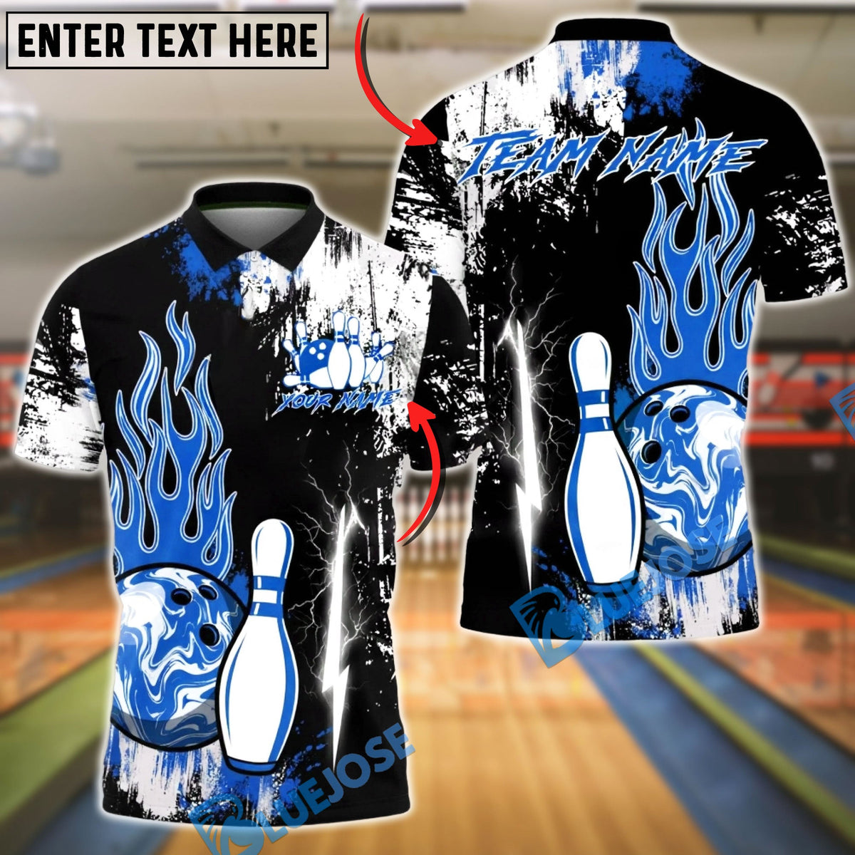 BlueJose Bowling & Pins Power Flame Splash Customized Name, Team Name 3D Shirt (4 Colors)