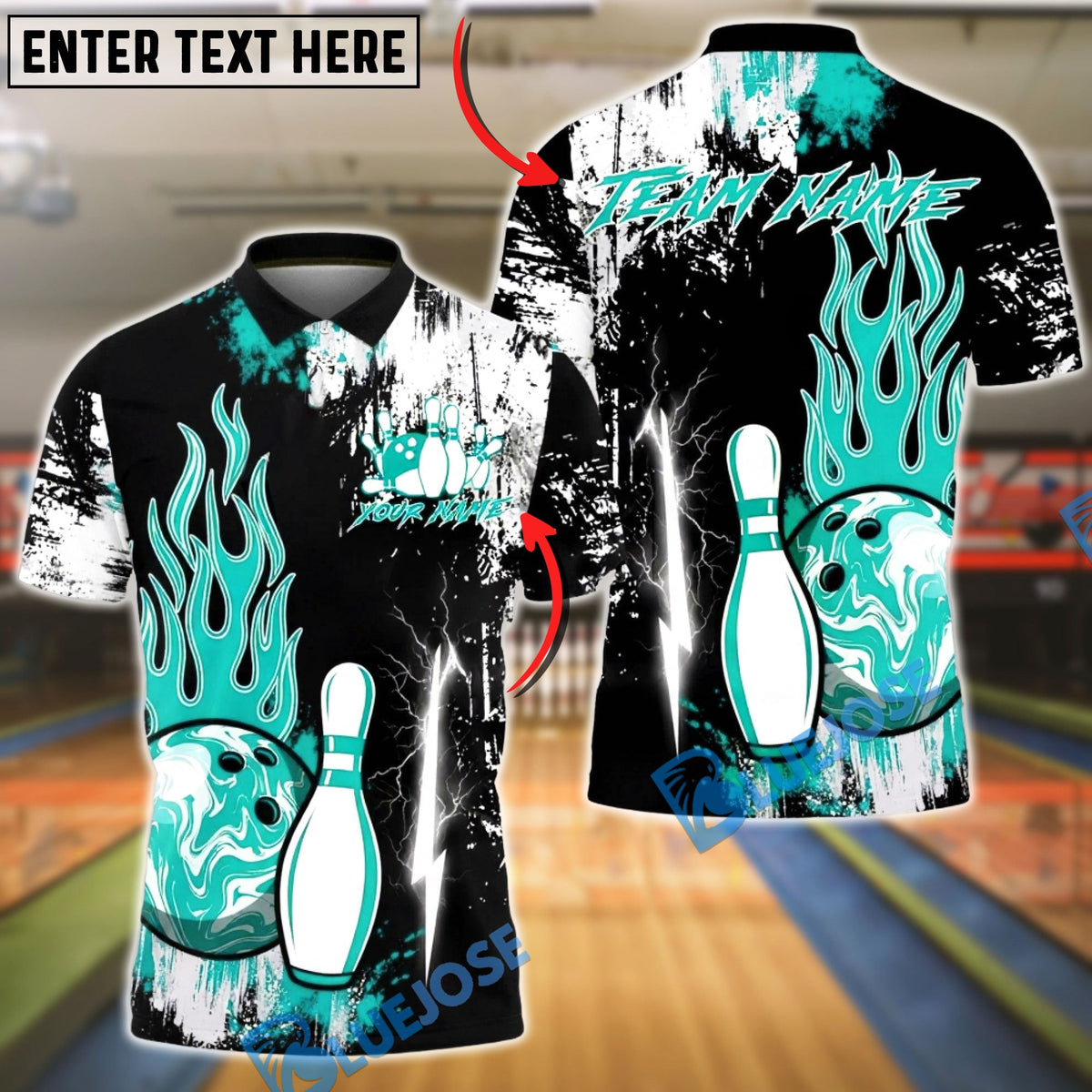 BlueJose Bowling & Pins Power Flame Splash Customized Name, Team Name 3D Shirt (4 Colors)