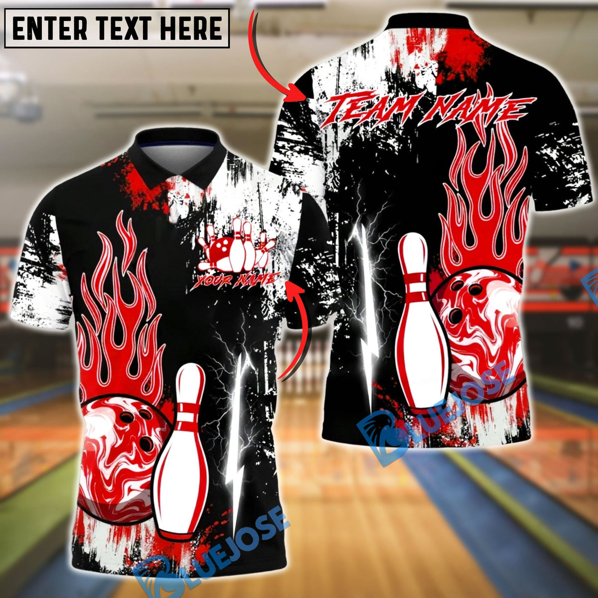 BlueJose Bowling &amp; Pins Power Flame Splash Customized Name, Team Name 3D Shirt (4 Colors)