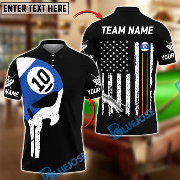 BlueJose Billiards Ball 10 Skull American Flag Customized Name, Team Name 3D Shirt