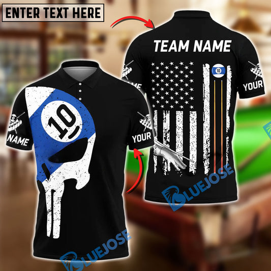 BlueJose Billiards Ball 10 Skull American Flag Customized Name, Team Name 3D Shirt