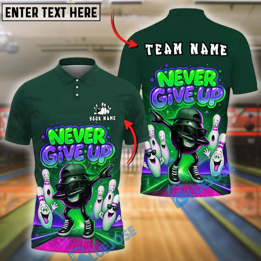 BlueJose Bowling And Pins Motivational Never Give Up Style Customized Name, Team Name 3D Shirt (4 Colors)