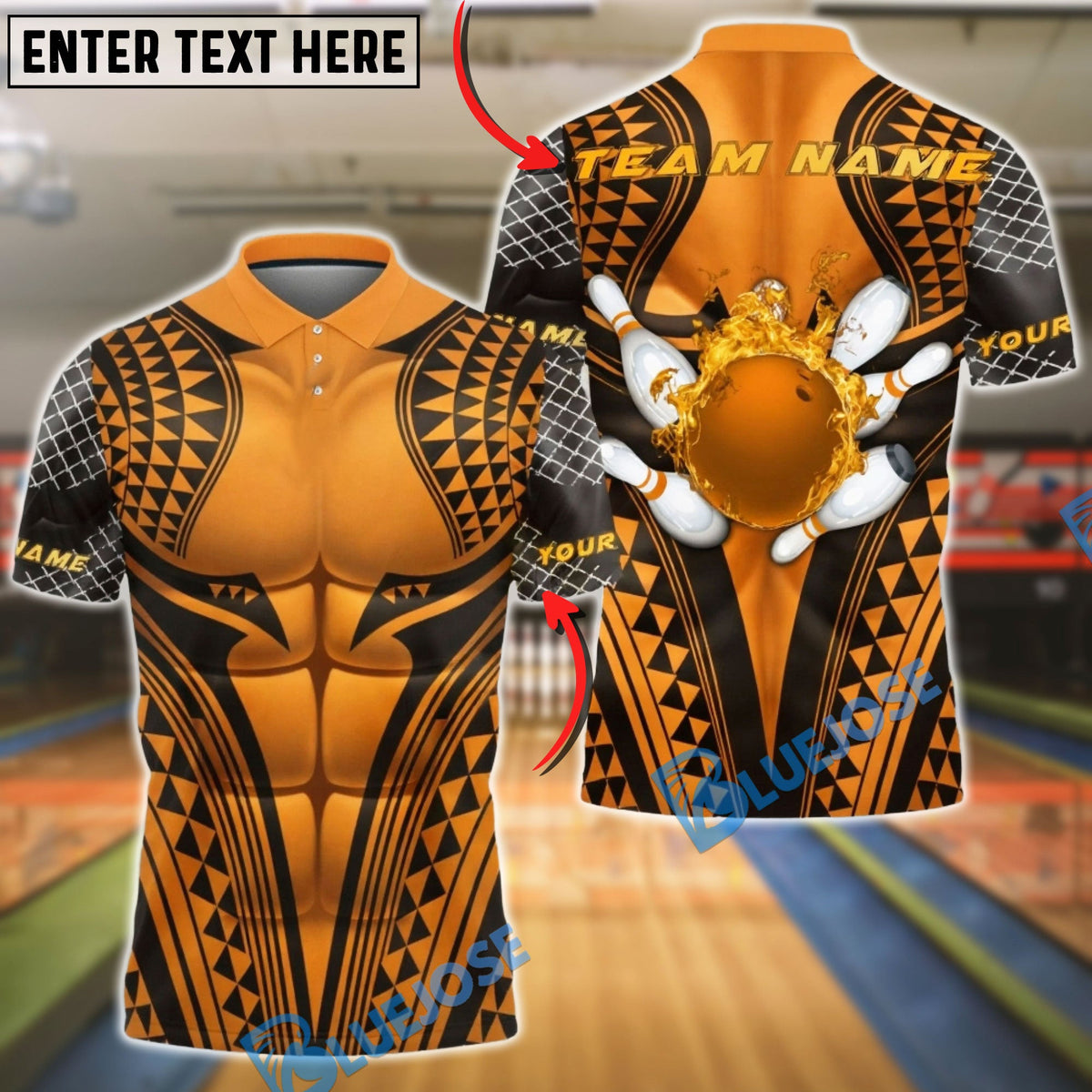 BlueJose Bowling &amp; Pins Tribal Warrior Muscle Armor Pattern Customized Name, Team Name 3D Shirt (6 Colors)
