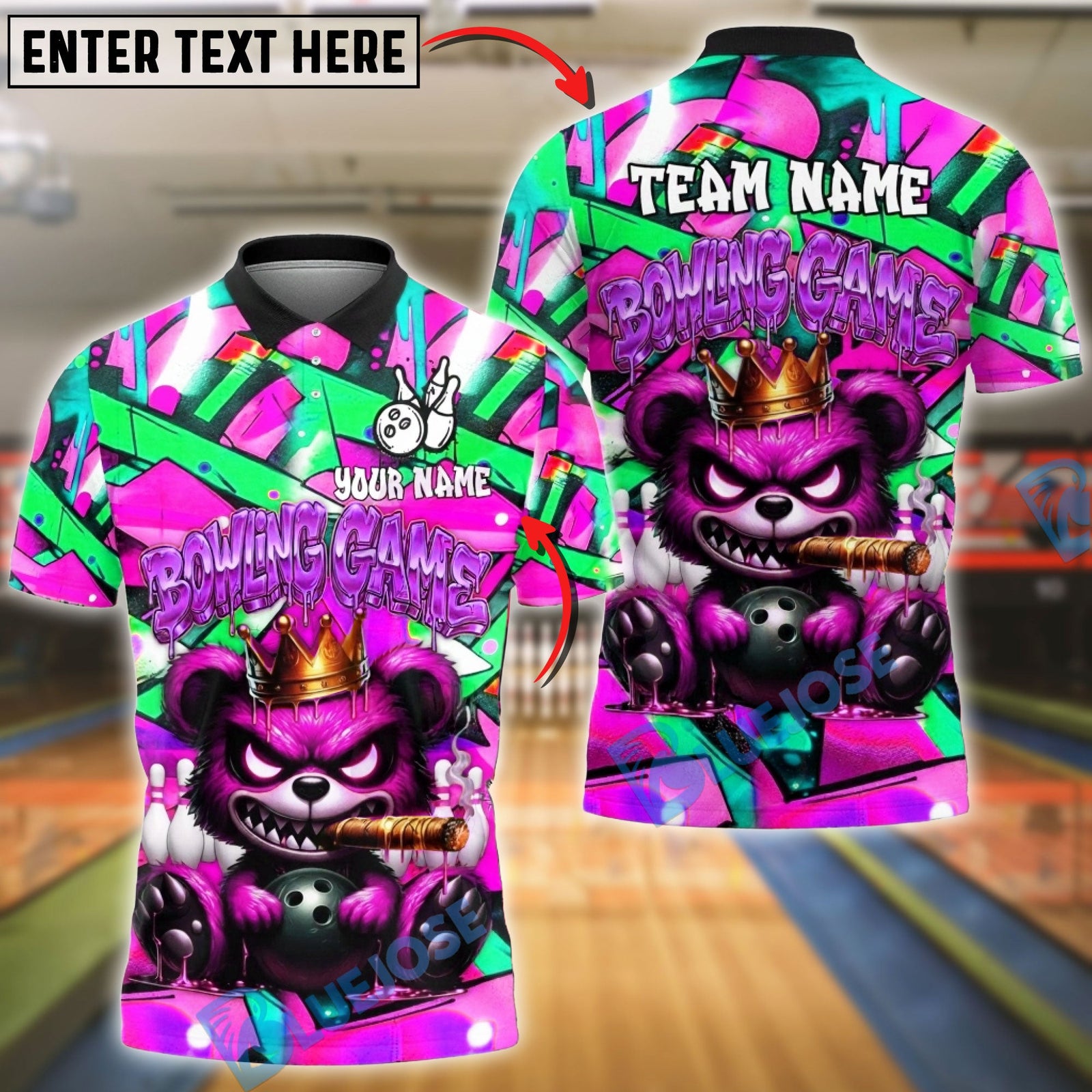 BlueJose Bowling & Pins Graffiti Angry Bear with Bowling Ball Crown Street Art Design Customized Name, Team Name 3D Shirt (4 Colors)