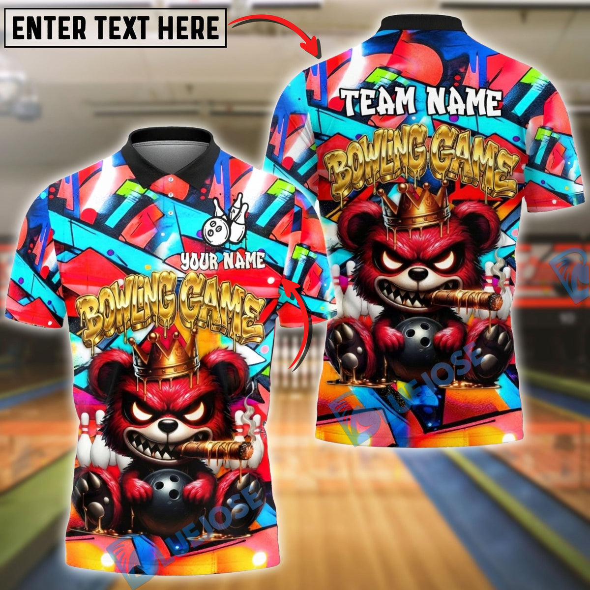 BlueJose Bowling &amp; Pins Graffiti Angry Bear with Bowling Ball Crown Street Art Design Customized Name, Team Name 3D Shirt (4 Colors)