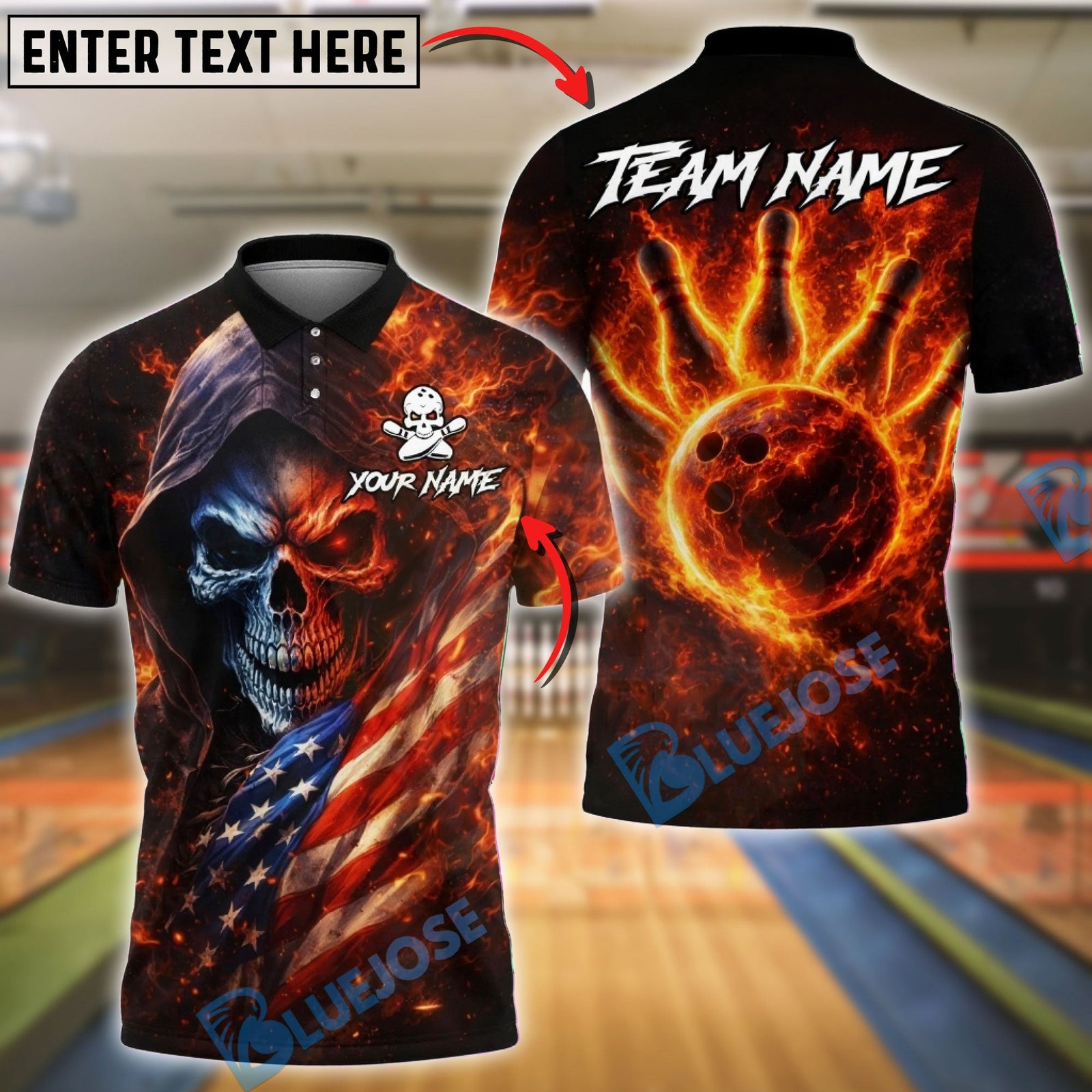 BlueJose Bowling & Pins Flaming Skull with American Flag Fire Bowling Ball Back Design Customized Name, Team Name 3D Shirt (4 Colors)