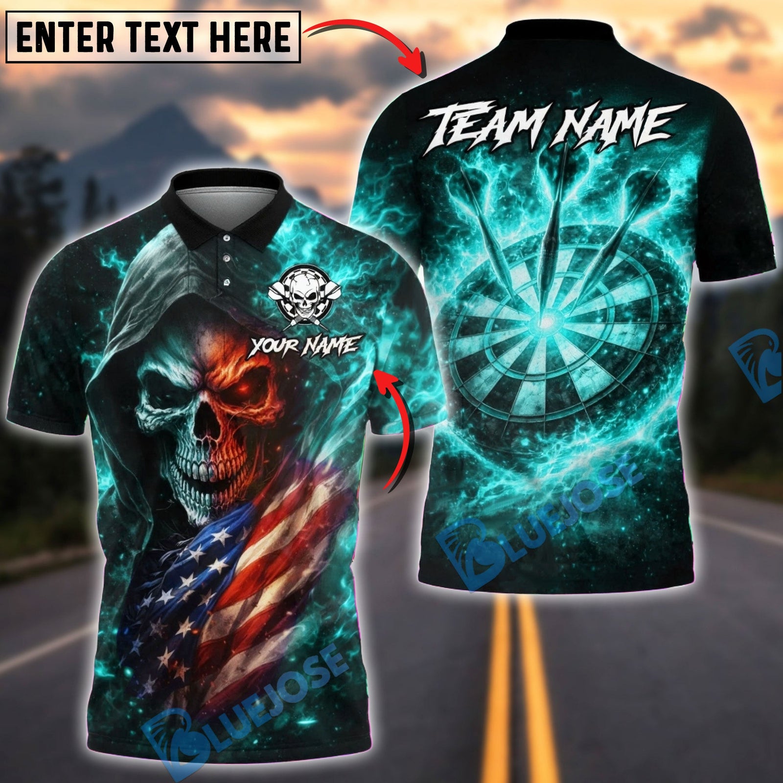 BlueJose Darts Flaming Skull with Fire Dartboard Back Design Multicolor Options Personalized Name Shirt (4 Colors)