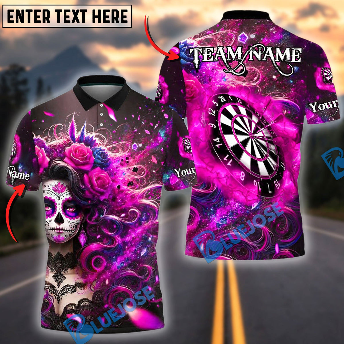 BlueJose Darts Sugar Skull &amp; Roses Multicolor Options Personalized Name Shirt (4 Colors)