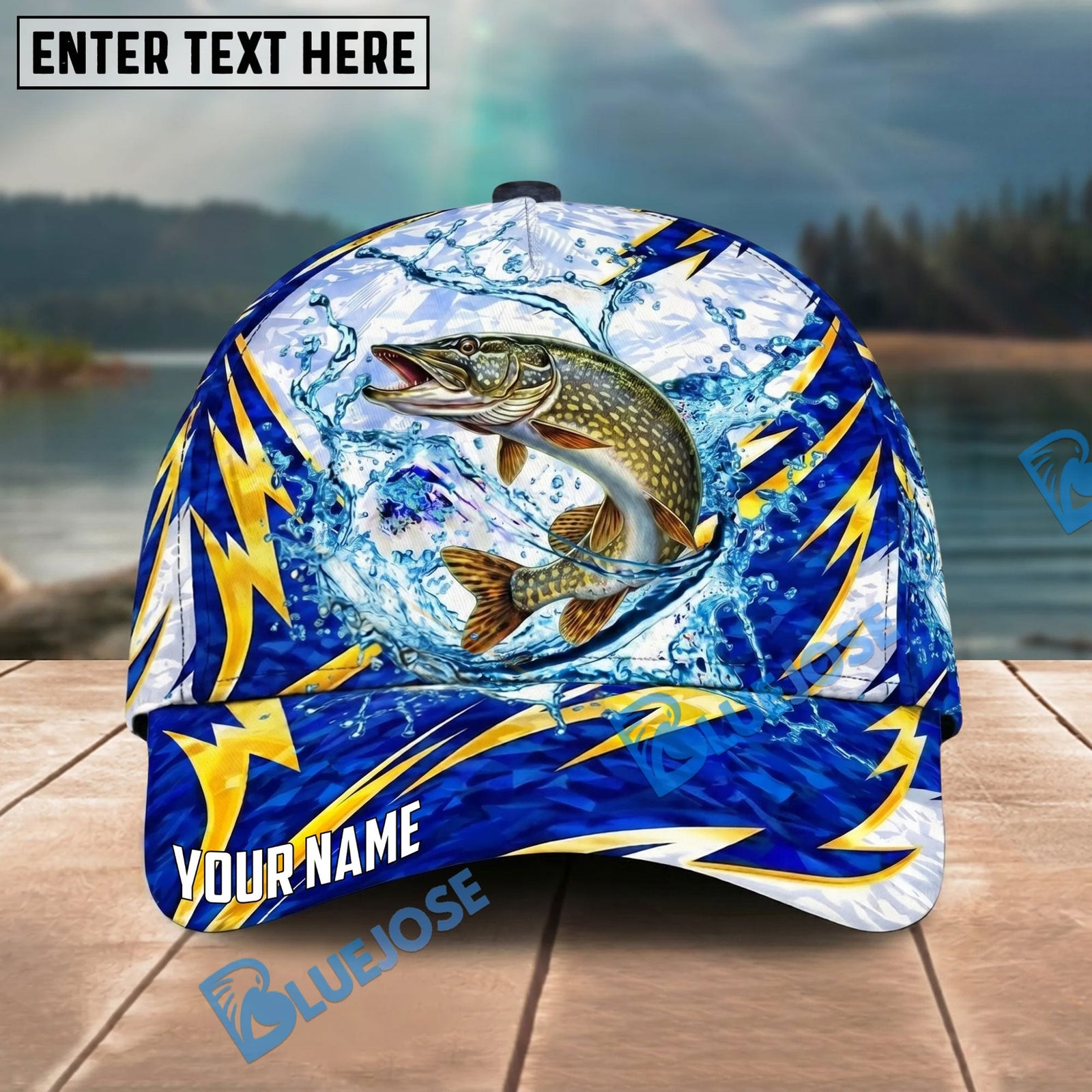 BlueJose Fishing Lightning Splash Blue Pattern Personalized Name Classic 3D Cap Personalized Cap (13 Breeds)