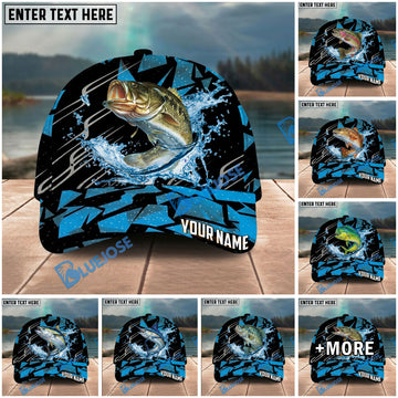 BlueJose Fishing Geometric Splash Dark Blue Pattern Personalized Name Classic 3D Cap Personalized Cap (13 Breeds)